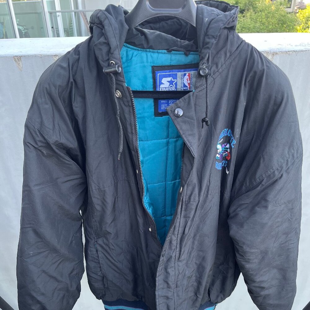 Vintage Charlotte Hornets Starter Jacket 90s Puffer Mens Large Black- Size Large